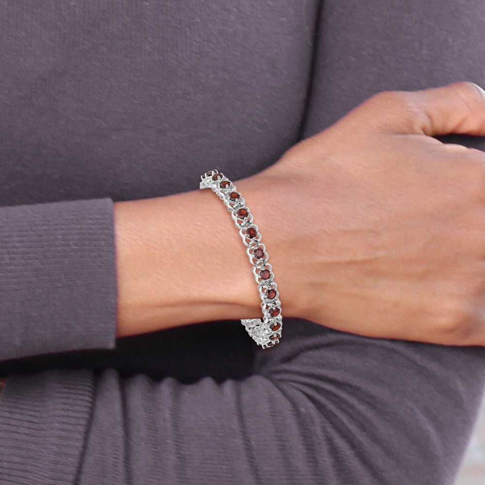 7 Inch Sterling Silver Rhodium-Plated Garnet Bracelet