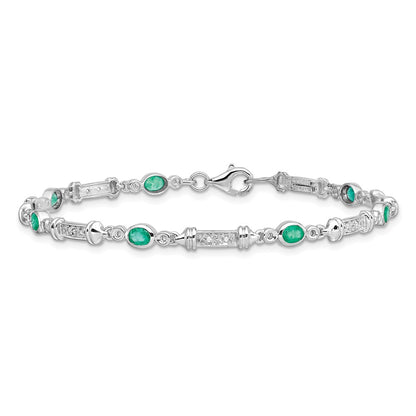 7 Inch Sterling Silver Rhodium-Plated Emerald And Diamond Bracelet