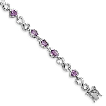 7 Inch Sterling Silver Rhodium-Plated Oval Heart Amethyst Bracelet