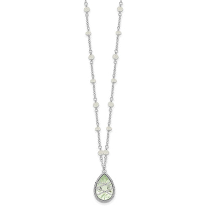 Sterling Silver Rhodium Green Quartz & Rnbow Moonstone 18In Necklace