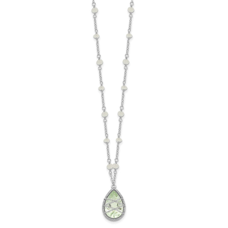 Sterling Silver Rhodium Green Quartz & Rnbow Moonstone 18In Necklace