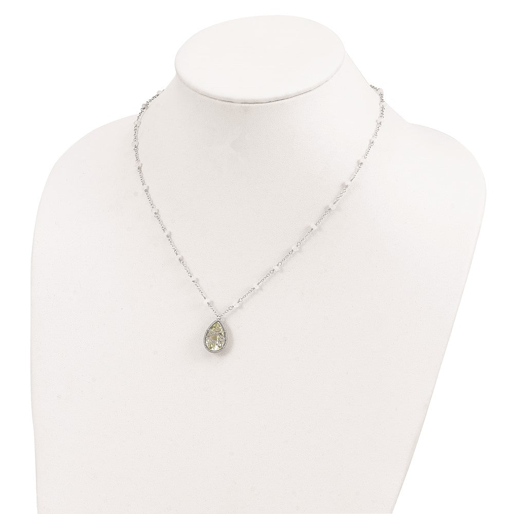 Sterling Silver Rhodium Green Quartz & Rnbow Moonstone 18In Necklace