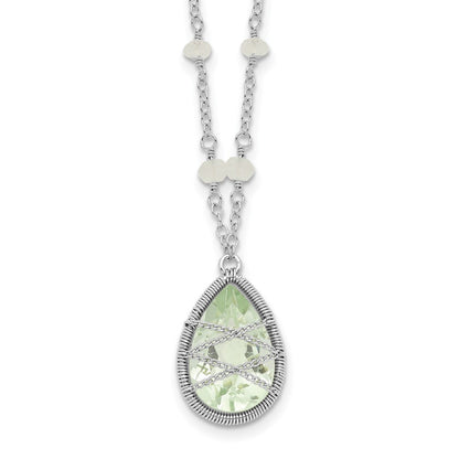 Sterling Silver Rhodium Green Quartz & Rnbow Moonstone 18In Necklace