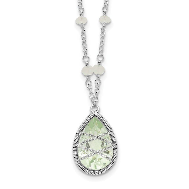 Sterling Silver Rhodium Green Quartz & Rnbow Moonstone 18In Necklace