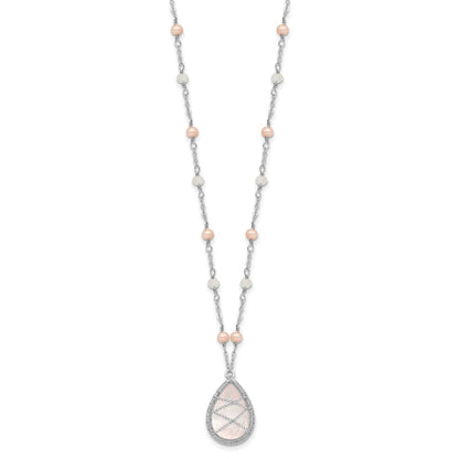 Sterling Silver Rhodium 18In Rose Quartz & Fw Cltrd Pearl W/1.5 Necklace