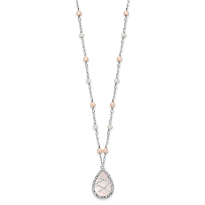 Sterling Silver Rhodium 18In Rose Quartz & Fw Cltrd Pearl W/1.5 Necklace