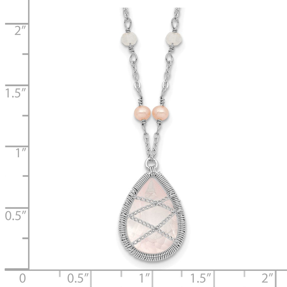 Sterling Silver Rhodium 18In Rose Quartz & Fw Cltrd Pearl W/1.5 Necklace