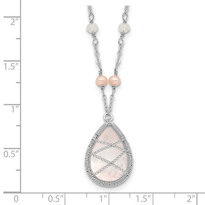 Sterling Silver Rhodium 18In Rose Quartz & Fw Cltrd Pearl W/1.5 Necklace