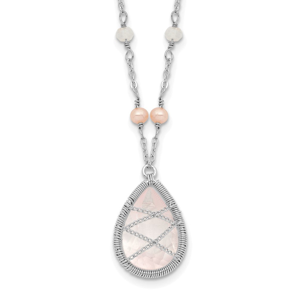 Sterling Silver Rhodium 18In Rose Quartz & Fw Cltrd Pearl W/1.5 Necklace