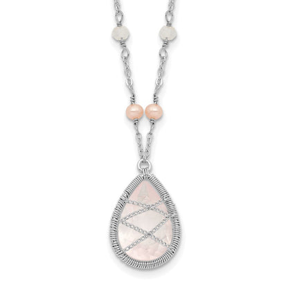 Sterling Silver Rhodium 18In Rose Quartz & Fw Cltrd Pearl W/1.5 Necklace