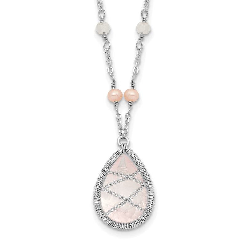 Sterling Silver Rhodium 18In Rose Quartz & Fw Cltrd Pearl W/1.5 Necklace