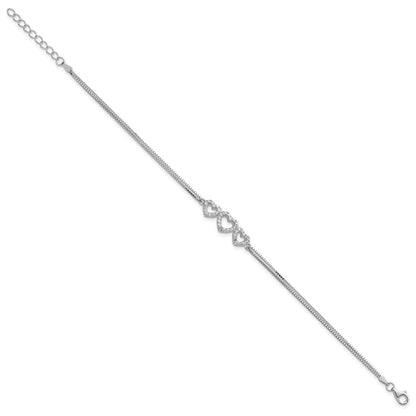 Sterling Silver Rhodium-Plated Polished Three Linked Cz Open Hearts 7 Inch Bracelet With 1 Extension