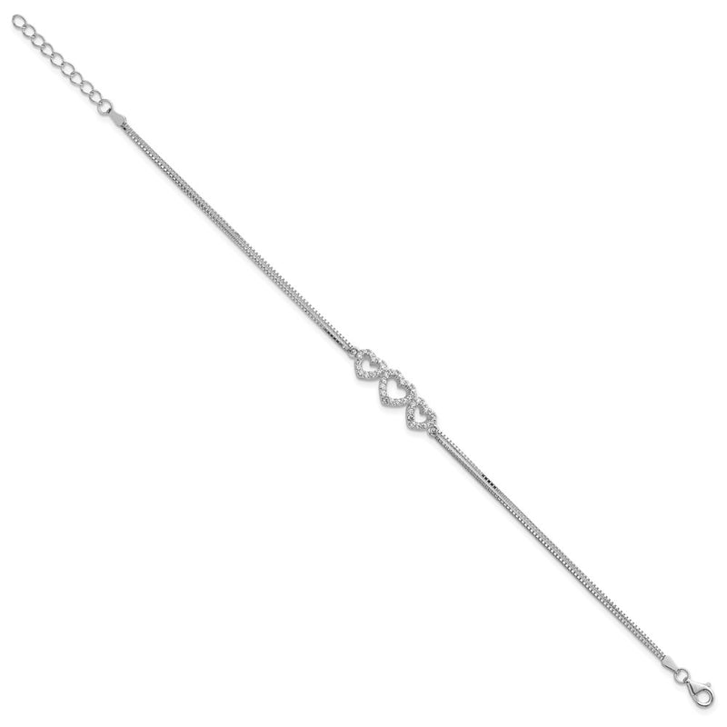 Sterling Silver Rhodium-Plated Polished Three Linked Cz Open Hearts 7 Inch Bracelet With 1 Extension