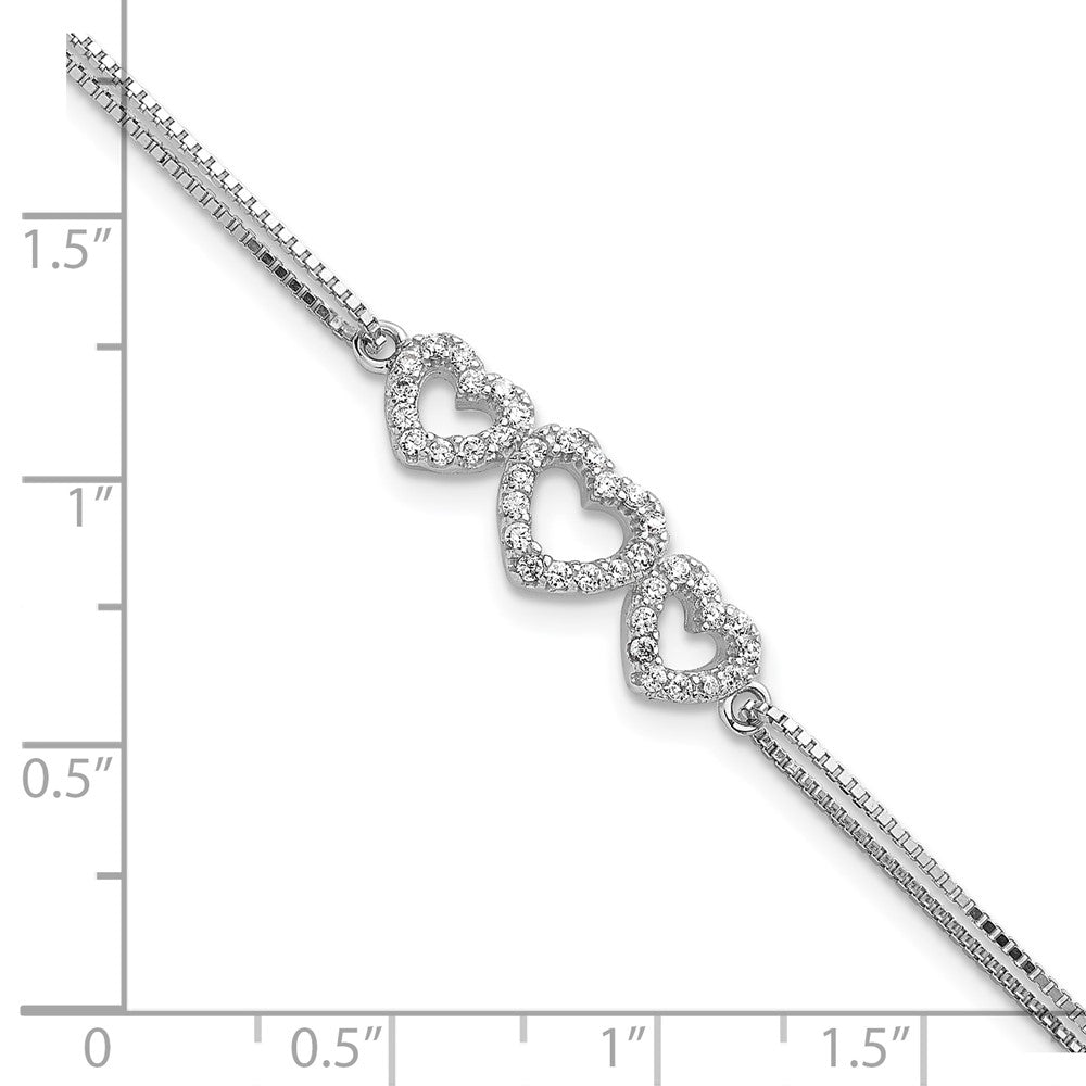 Sterling Silver Rhodium-Plated Polished Three Linked Cz Open Hearts 7 Inch Bracelet With 1 Extension