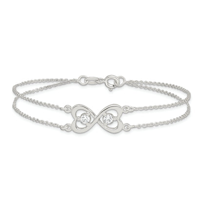 7.5 Inch Sterling Silver Polished Cz Heart Two-Strand Bracelet