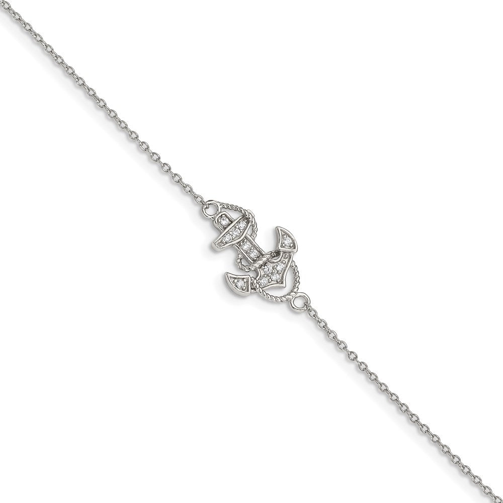 Sterling Silver Rhodium-Plated Polished Cz Anchor 7 Inch Bracelet