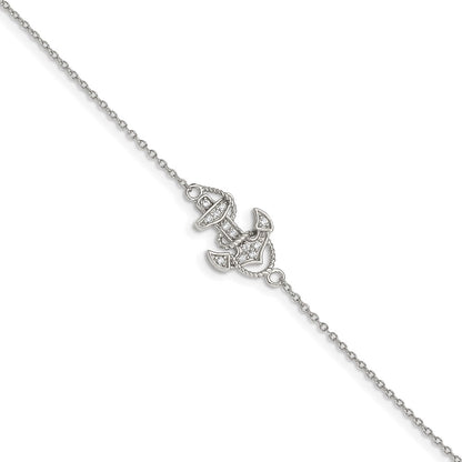 Sterling Silver Rhodium-Plated Polished Cz Anchor 7 Inch Bracelet