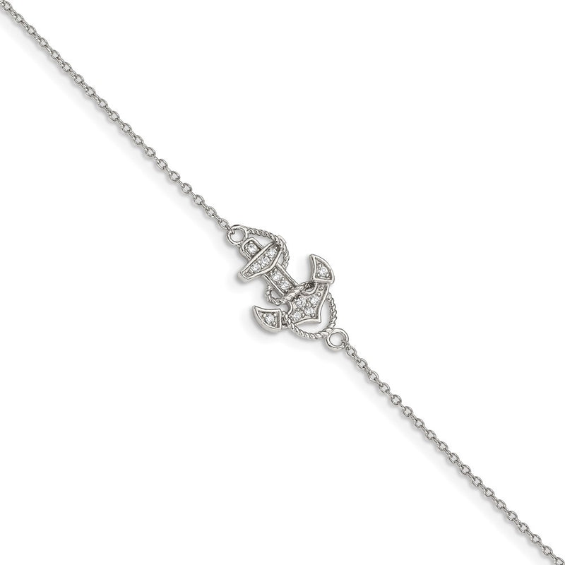 Sterling Silver Rhodium-Plated Polished Cz Anchor 7 Inch Bracelet