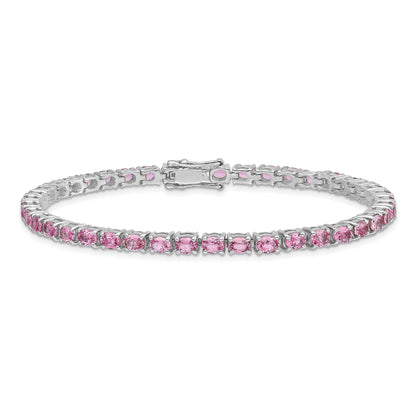 7.5 Inch Sterling Silver Rhodium-Plated Oval Pink Sapphire 7.5In Bracelet