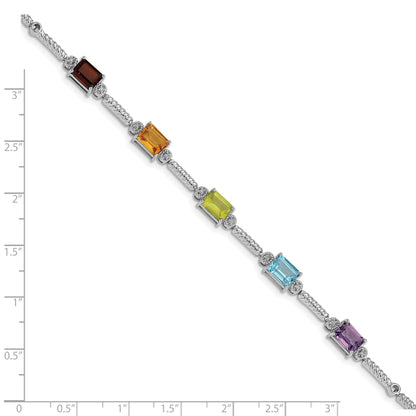 Sterling Silver Rhodium-Plated Multi Gemstone & Diamond Tennis Bracelet