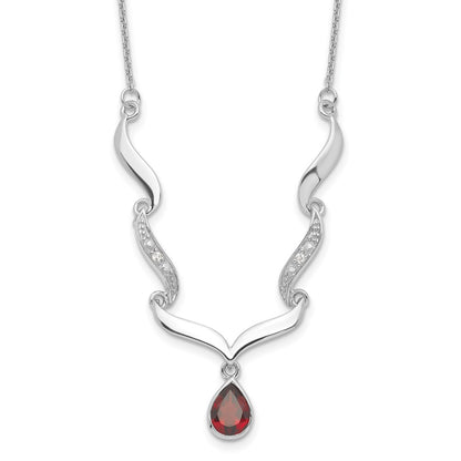 Sterling Silver Rhodium-Plated W/Garnet & White Topaz W/2In. Ext. Necklace