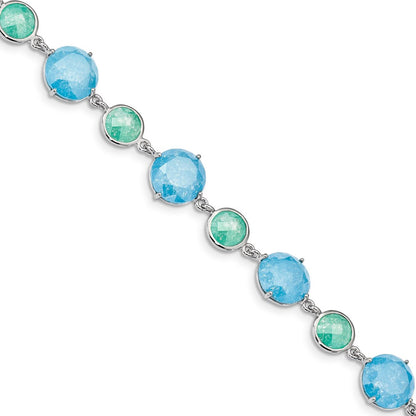 7.25 Inch Sterling Silver Rhod-Pltd Green/Blue Ice Cz In W/1In Ext Bracelet