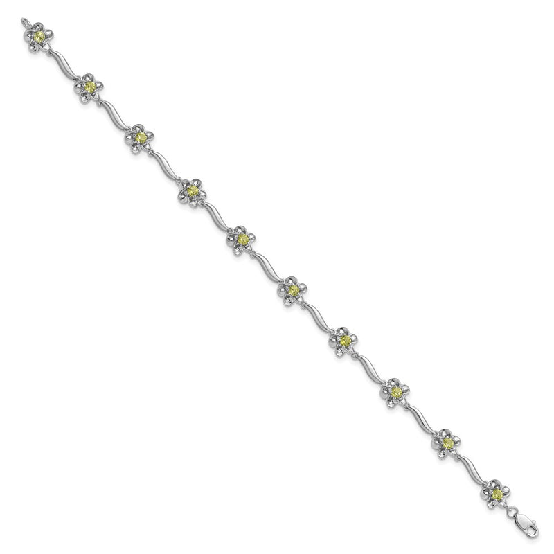 7.5 Inch Sterling Silver Rhodium-Plated Floral Peridot Bracelet