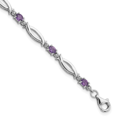Sterling Silver Rhodium-Plated Amethyst and Diamond 7.25in Bracelet