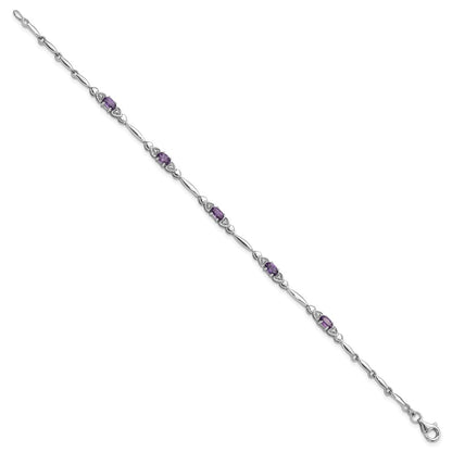 Sterling Silver Rhodium-Plated Amethyst and Diamond Heart 7.5in Bracelet