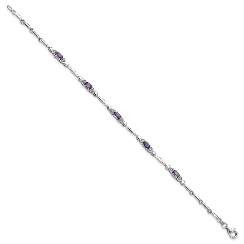 Sterling Silver Rhodium-Plated Amethyst and Diamond Heart 7.5in Bracelet