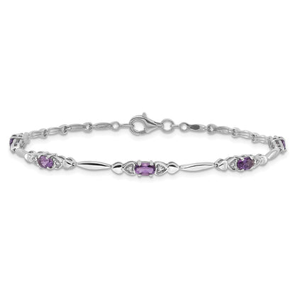 Sterling Silver Rhodium-Plated Amethyst and Diamond Heart 7.5in Bracelet