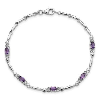 Sterling Silver Rhodium-Plated Amethyst and Diamond Heart 7.5in Bracelet