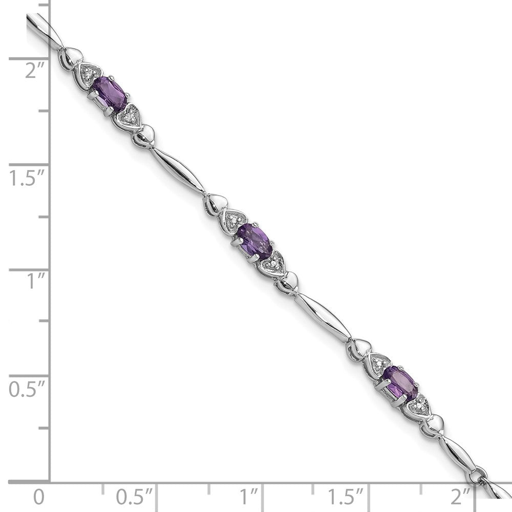 Sterling Silver Rhodium-Plated Amethyst and Diamond Heart 7.5in Bracelet