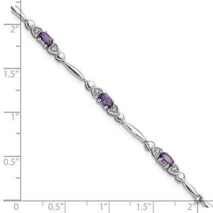Sterling Silver Rhodium-Plated Amethyst and Diamond Heart 7.5in Bracelet