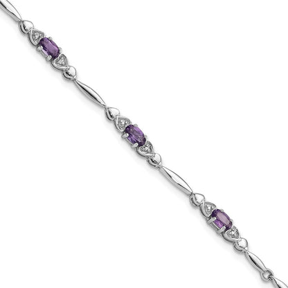Sterling Silver Rhodium-Plated Amethyst and Diamond Heart 7.5in Bracelet