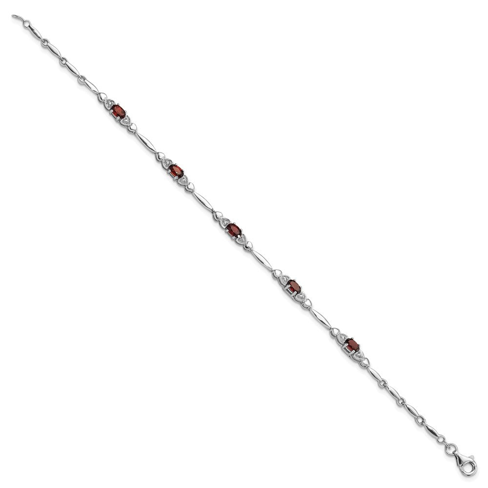 Sterling Silver Rhodium-Plated Garnet and Diamond Heart 7.5in Bracelet