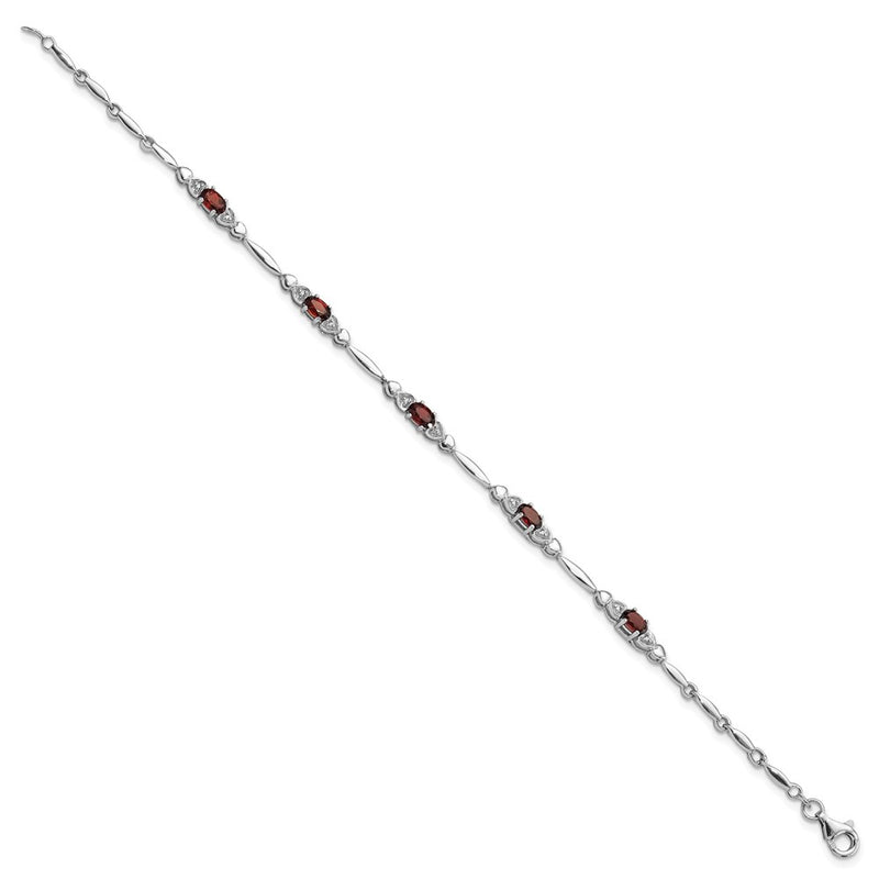 Sterling Silver Rhodium-Plated Garnet and Diamond Heart 7.5in Bracelet