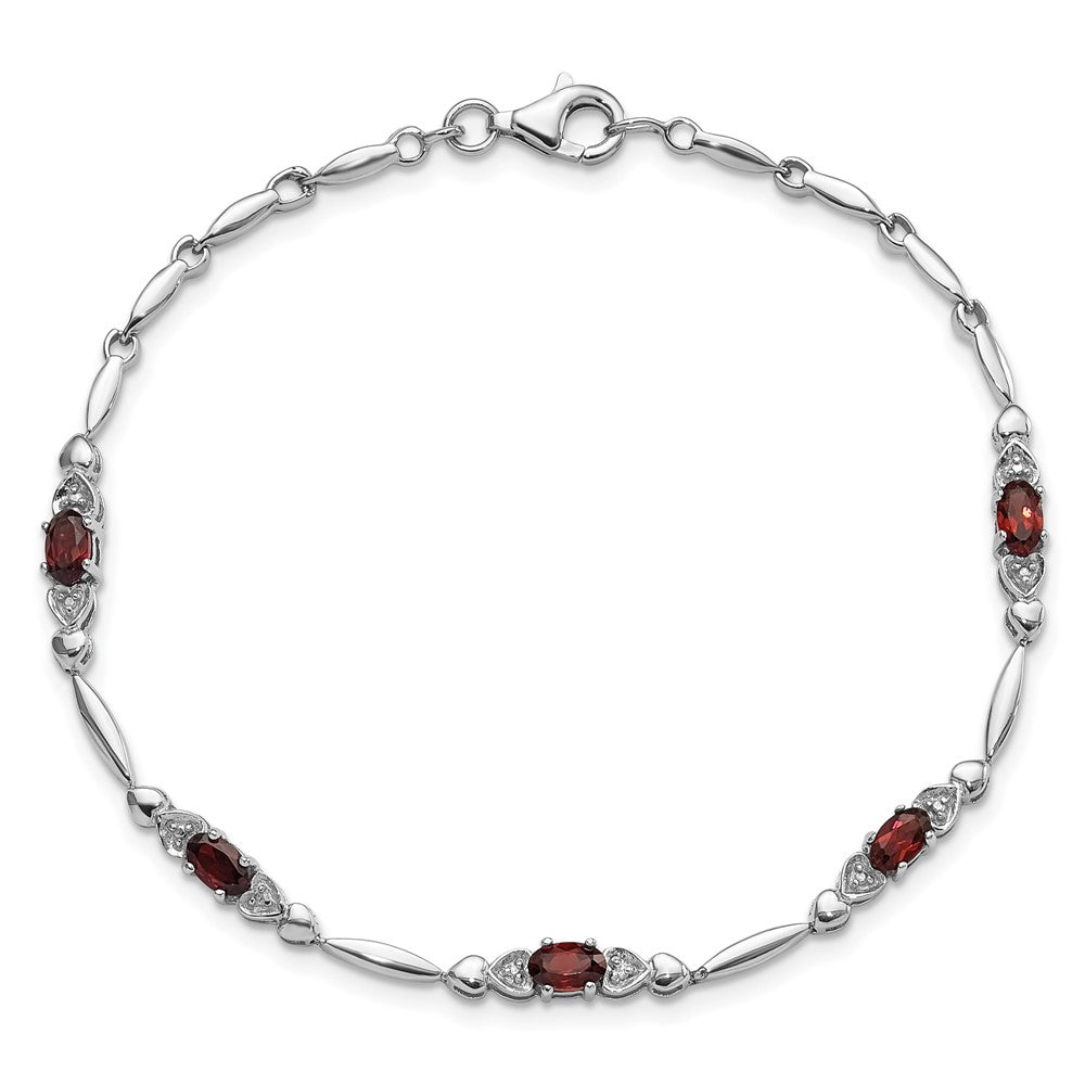 Sterling Silver Rhodium-Plated Garnet and Diamond Heart 7.5in Bracelet