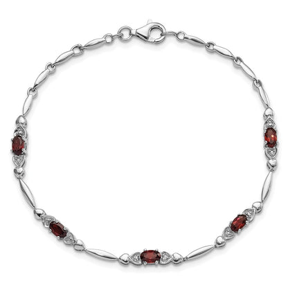 Sterling Silver Rhodium-Plated Garnet and Diamond Heart 7.5in Bracelet