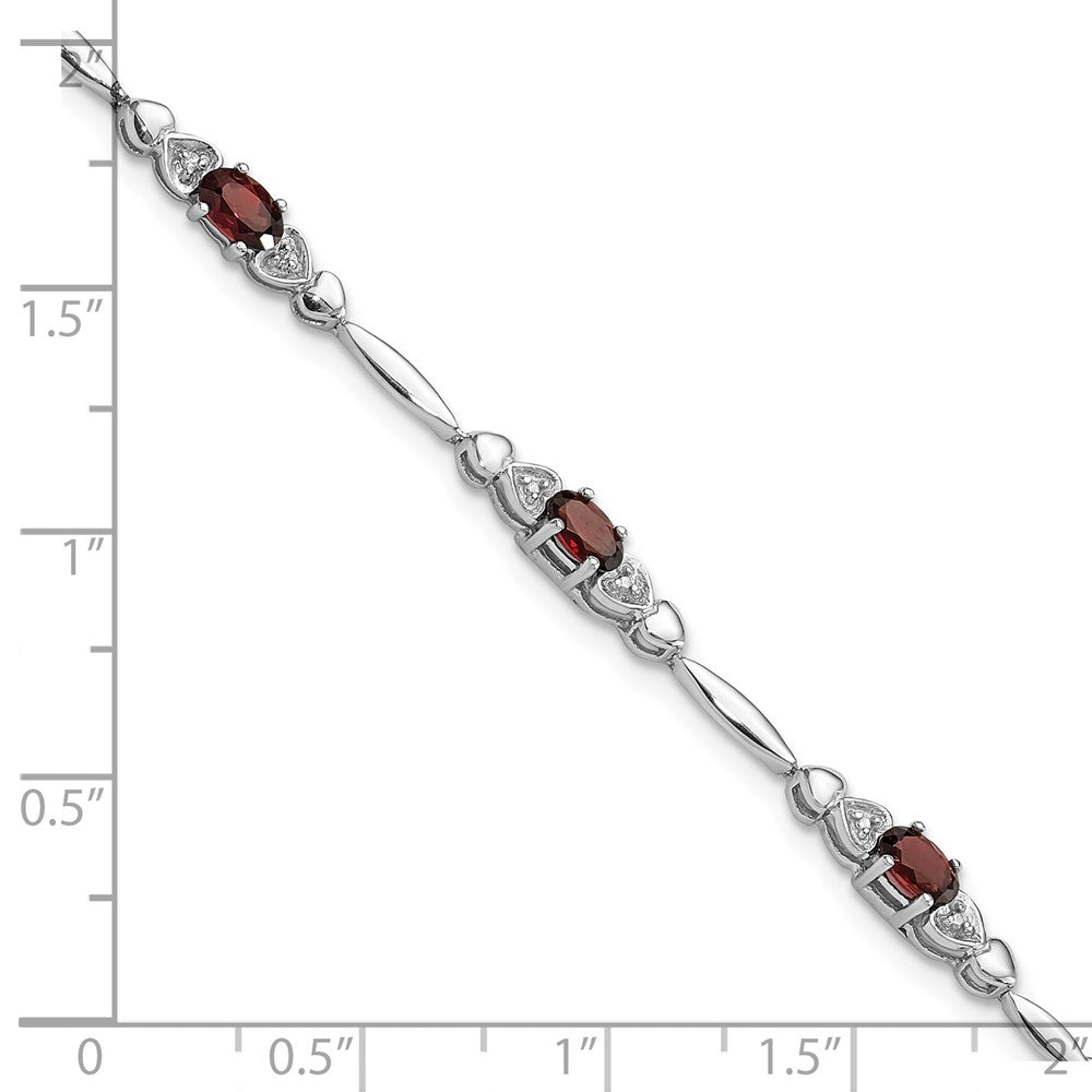 Sterling Silver Rhodium-Plated Garnet and Diamond Heart 7.5in Bracelet
