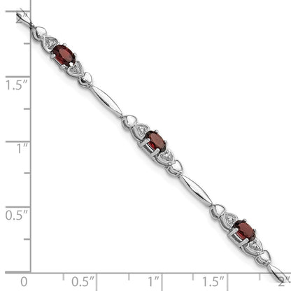 Sterling Silver Rhodium-Plated Garnet and Diamond Heart 7.5in Bracelet