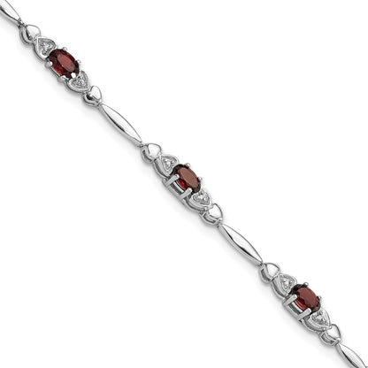 Sterling Silver Rhodium-Plated Garnet and Diamond Heart 7.5in Bracelet