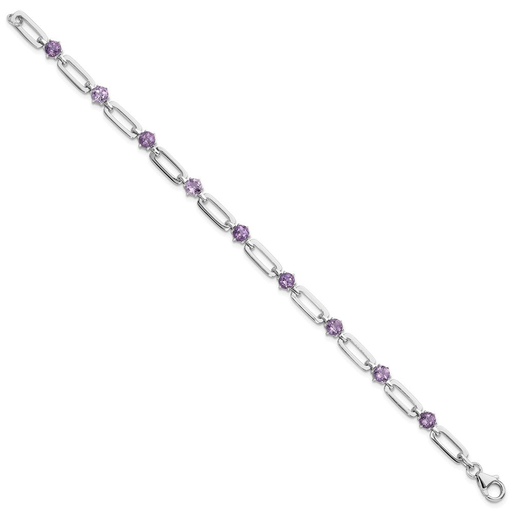 Sterling Silver Rhodium Plated 5mm 3.42AM Amethyst Paperclip Chain Bracelet