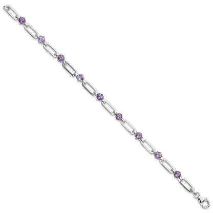 Sterling Silver Rhodium Plated 5mm 3.42AM Amethyst Paperclip Chain Bracelet