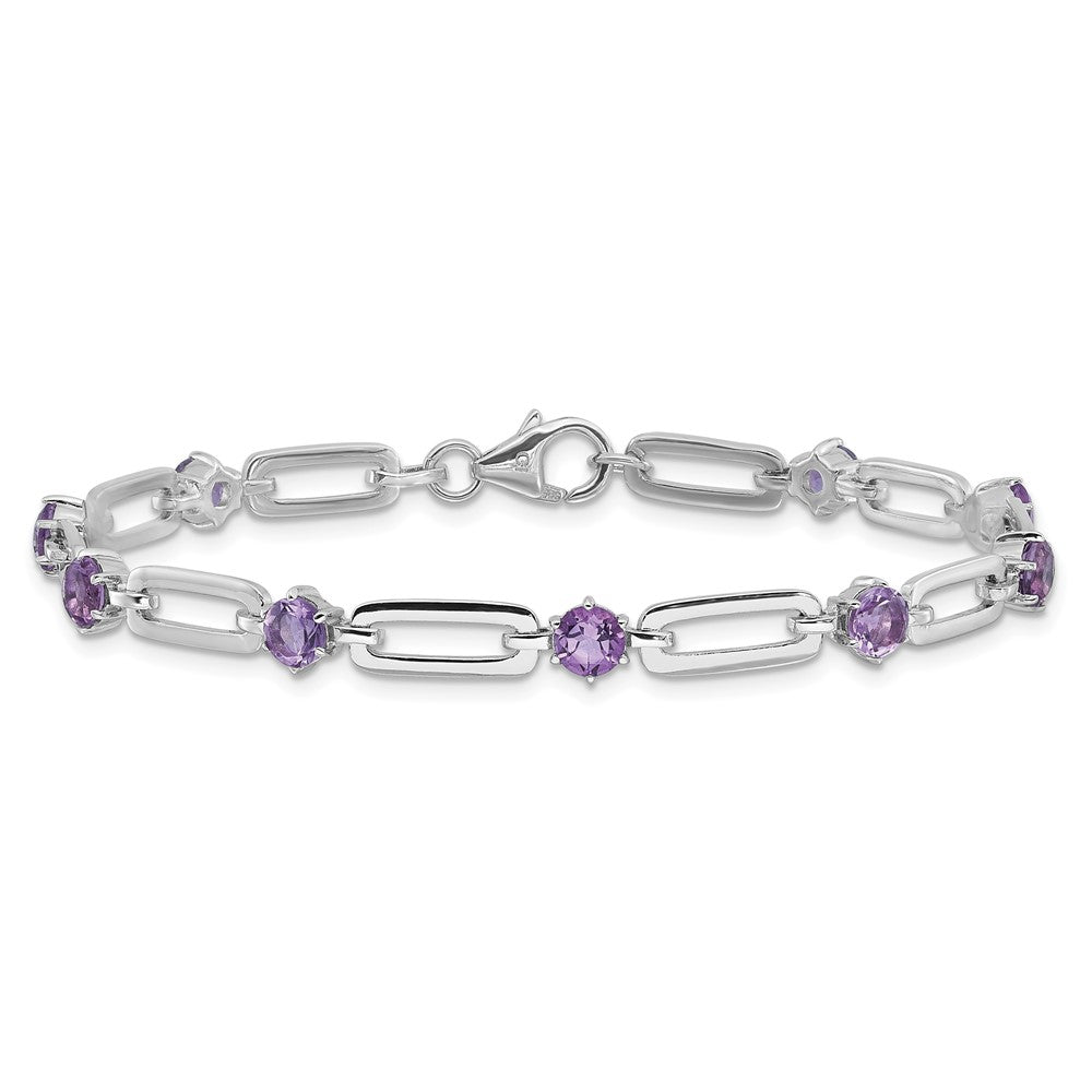 Sterling Silver Rhodium Plated 5mm 3.42AM Amethyst Paperclip Chain Bracelet