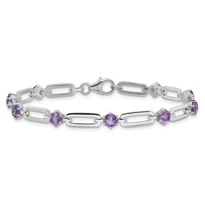 Sterling Silver Rhodium Plated 5mm 3.42AM Amethyst Paperclip Chain Bracelet