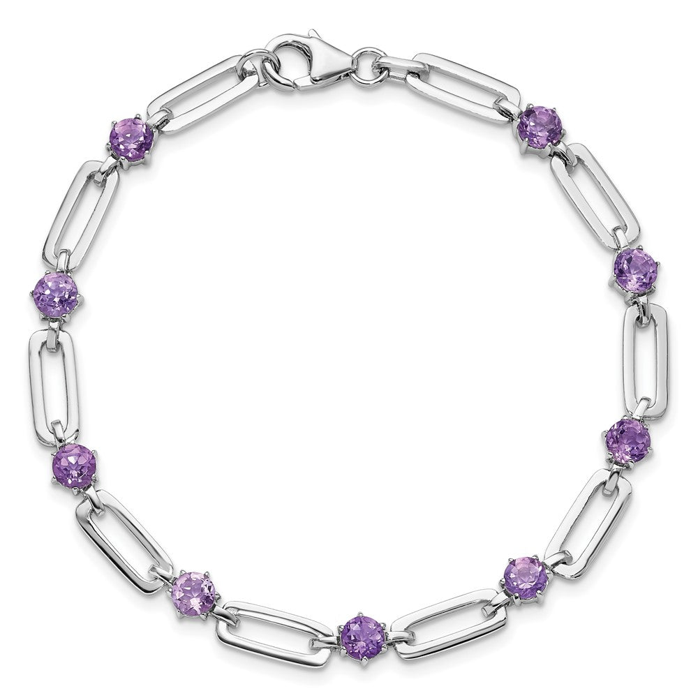 Sterling Silver Rhodium Plated 5mm 3.42AM Amethyst Paperclip Chain Bracelet