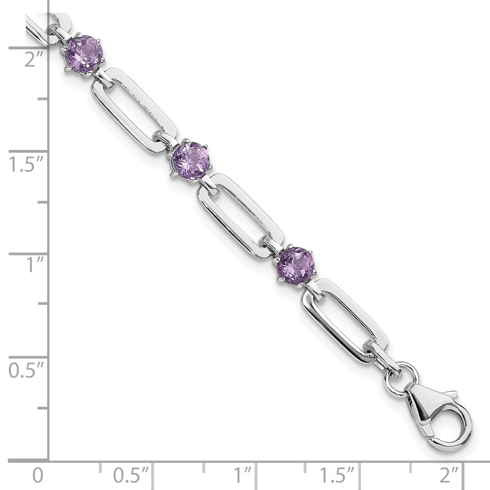 Sterling Silver Rhodium Plated 5mm 3.42AM Amethyst Paperclip Chain Bracelet