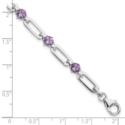 Sterling Silver Rhodium Plated 5mm 3.42AM Amethyst Paperclip Chain Bracelet