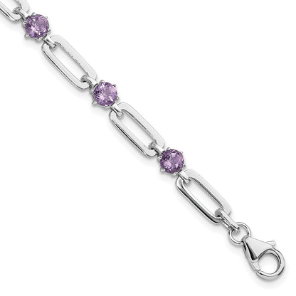 Sterling Silver Rhodium Plated 5mm 3.42AM Amethyst Paperclip Chain Bracelet